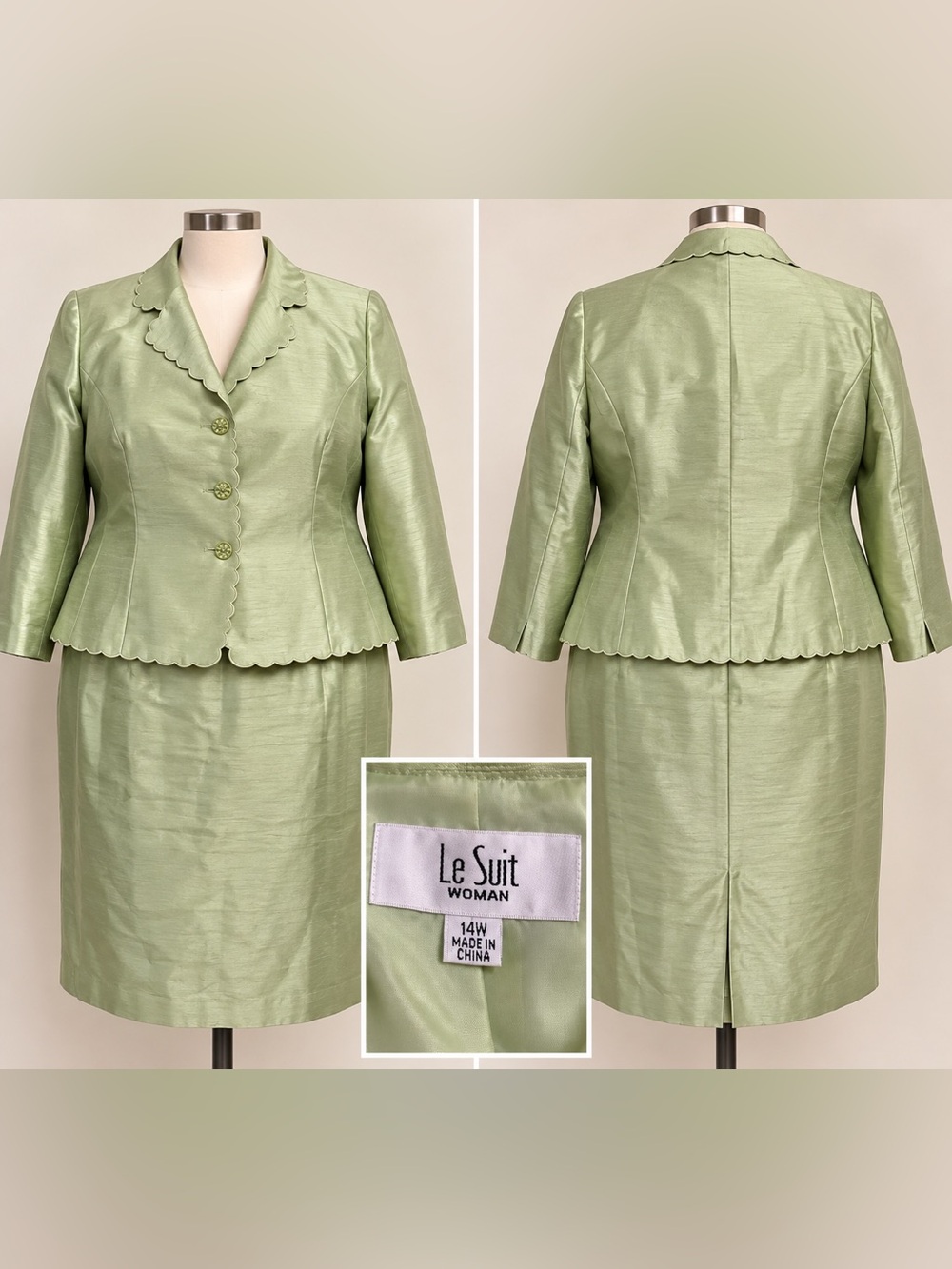 Le Suit Light Green Scalloped Pencil Skirt Suit